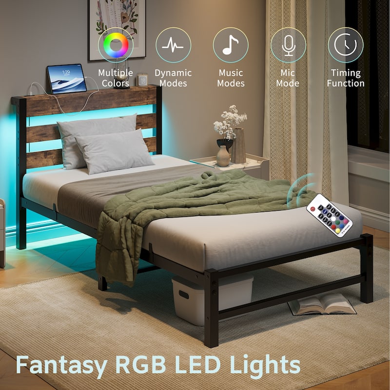 Twin Size Modern Metal Bed with Wooden Headboard, RGB Lights