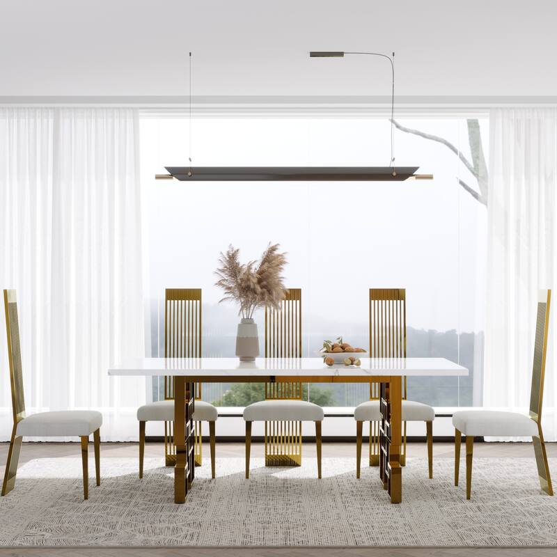 Faux Mable Dining Table Set with White Boucle and High Back Chairs