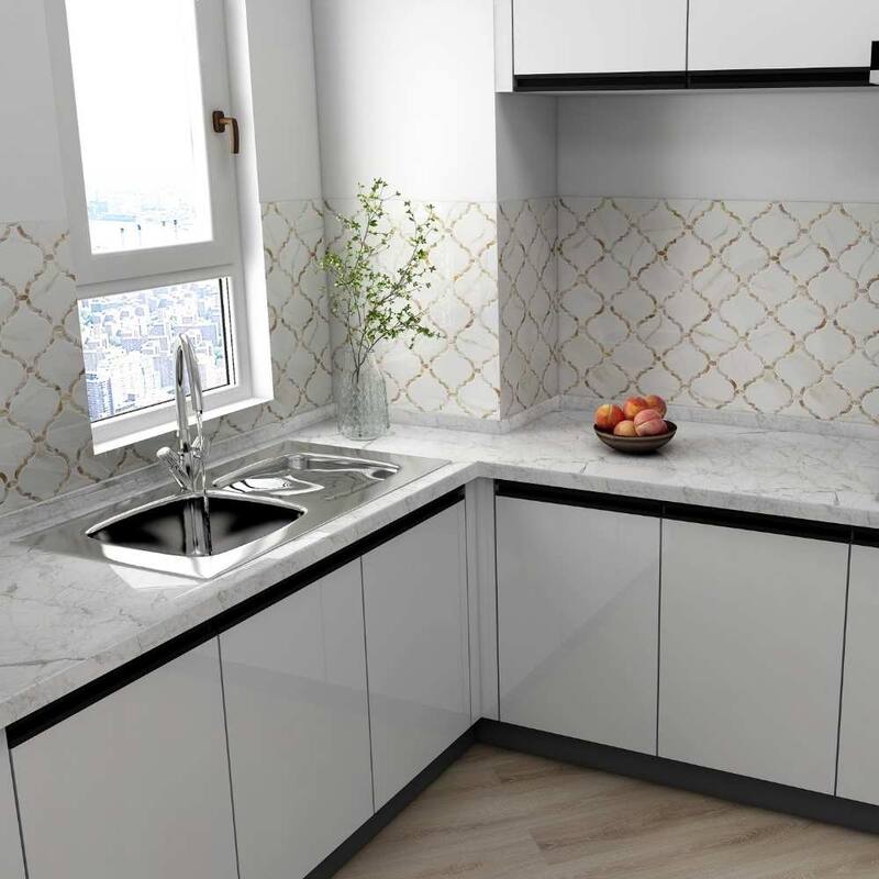 The Tile Life Tahitian Pearl 14x14.5 Calacatta Gold Satin Glass Arabesque Mosaic Wall & Backsplash Tile