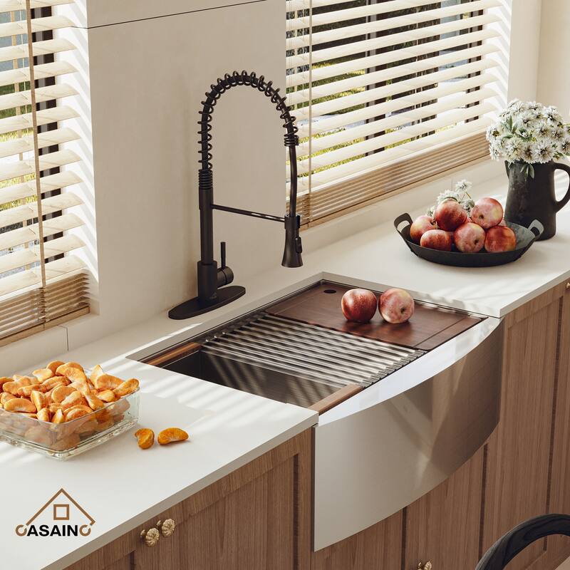 Stainless Steel 33 in. Single Bowl Farmhouse Apron Workstation Kitchen Sink with Kitchen Faucet and Accessories