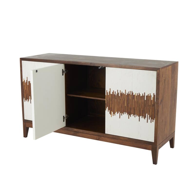 Brown or Black Mango Wood 3 Door and 3 Shelf Abstract Media Credenza Sideboard with White Front and Striped Pattern