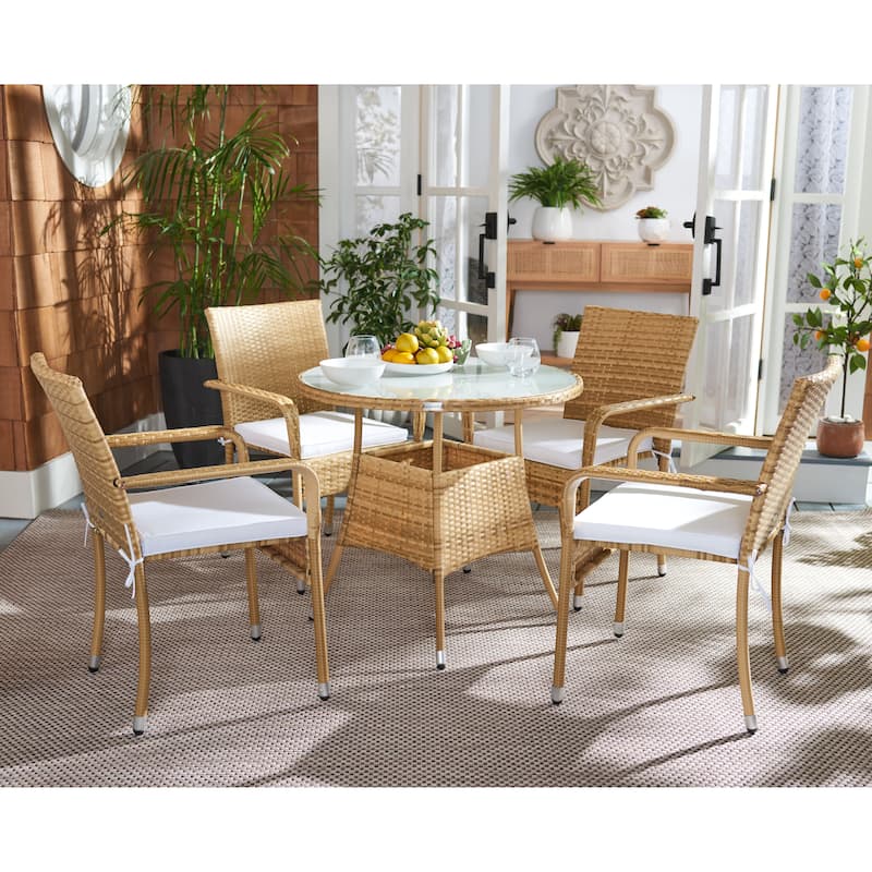SAFAVIEH Outdoor Hanane 5-Piece Bistro Set - 32Wx32Dx34H - Natural/White Cushion