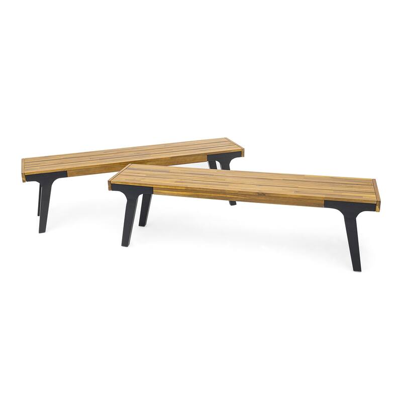 Sheldon Outdoor Bench Set of 2, Slat Panel, 63 Inch Brown Wood, Black