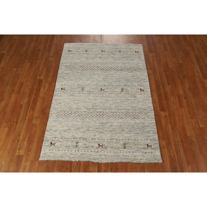 Tribal Gabbeh Oriental Area Rug Beige Handmade Wool Carpet - 4'0" x 5'10"