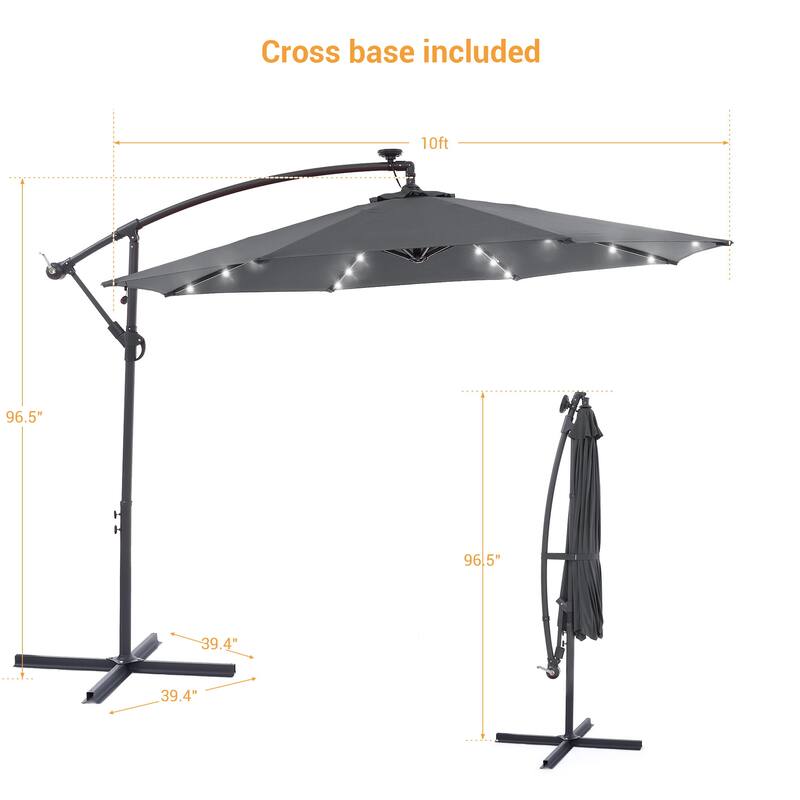 10Ft LED Patio Offset Umbrella Hanging Circle Umbrellas,w/Cross Base
