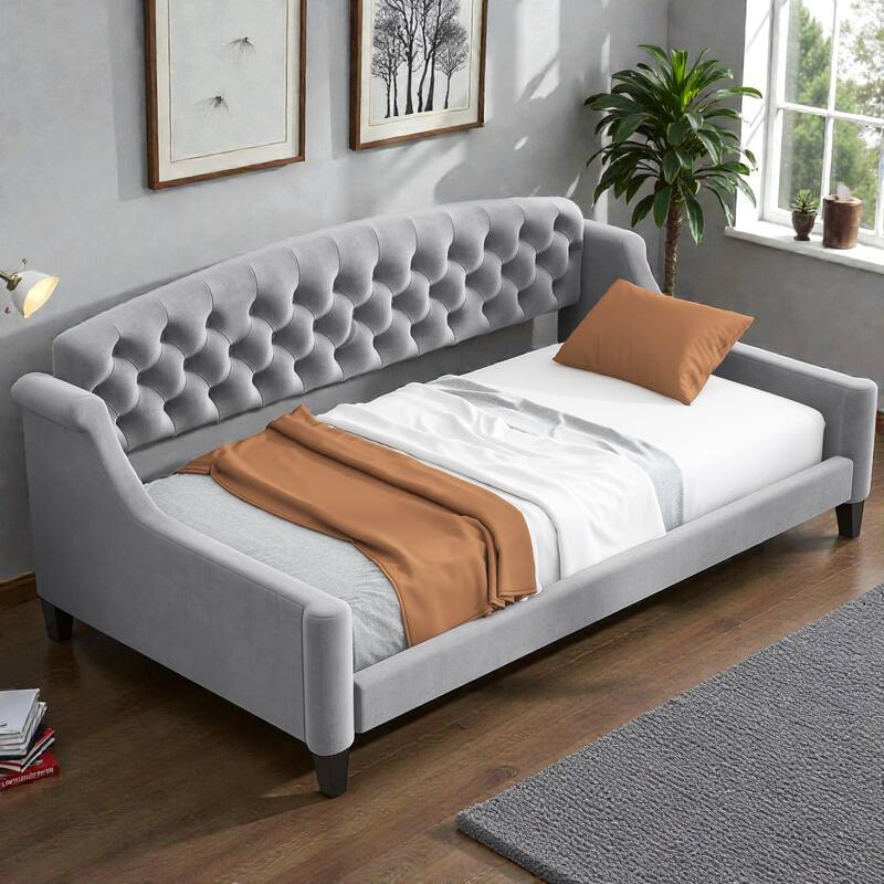 Modern Luxury Tufted Button Twin Daybed, Upholstered Sofa Bed with Wood Frame and Slats, No Box Spring Needed