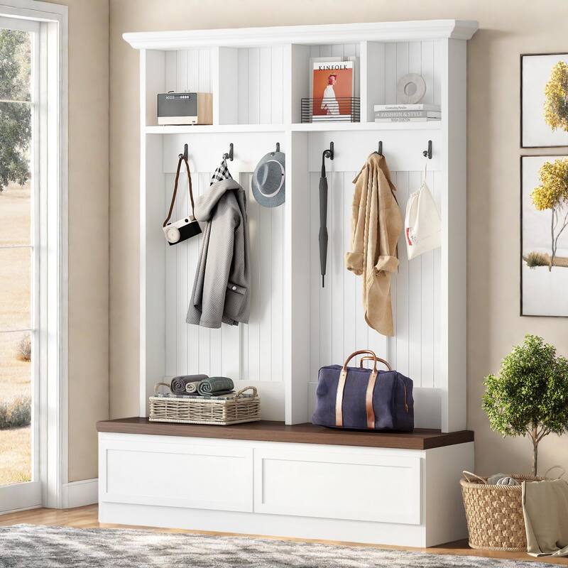 Farmhouse 4-in-1 Storage Hall Tree with Wood Bench, 2 Large Drawer - White+Walnut