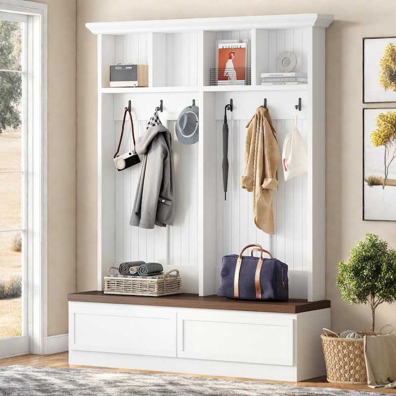 Farmhouse Style 4-in-1 Hall Tree – Wood Grain Bench with Coat Rack & 2 Large Drawers – Mudroom & Entryway Organizer‌