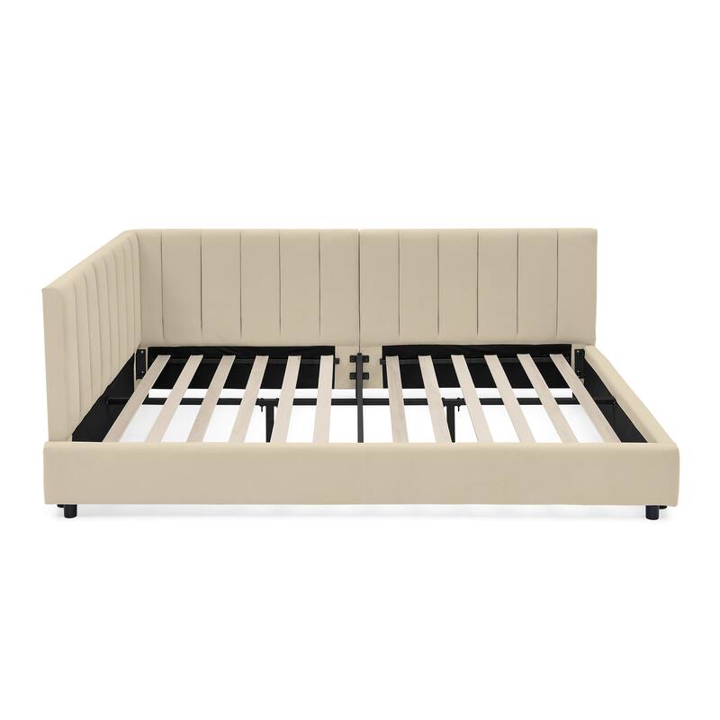 Roomfitters Full Upholstered Tufted Bed Frame with Backrest and Armrests, Velvet Sofa Bed for Bedroom or Living Room