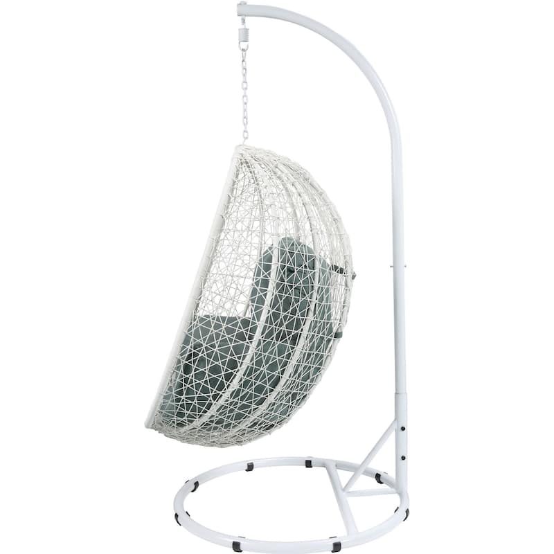 Metal Patio Swing Chair with Cushioned Seating and Round Base, White and Gray