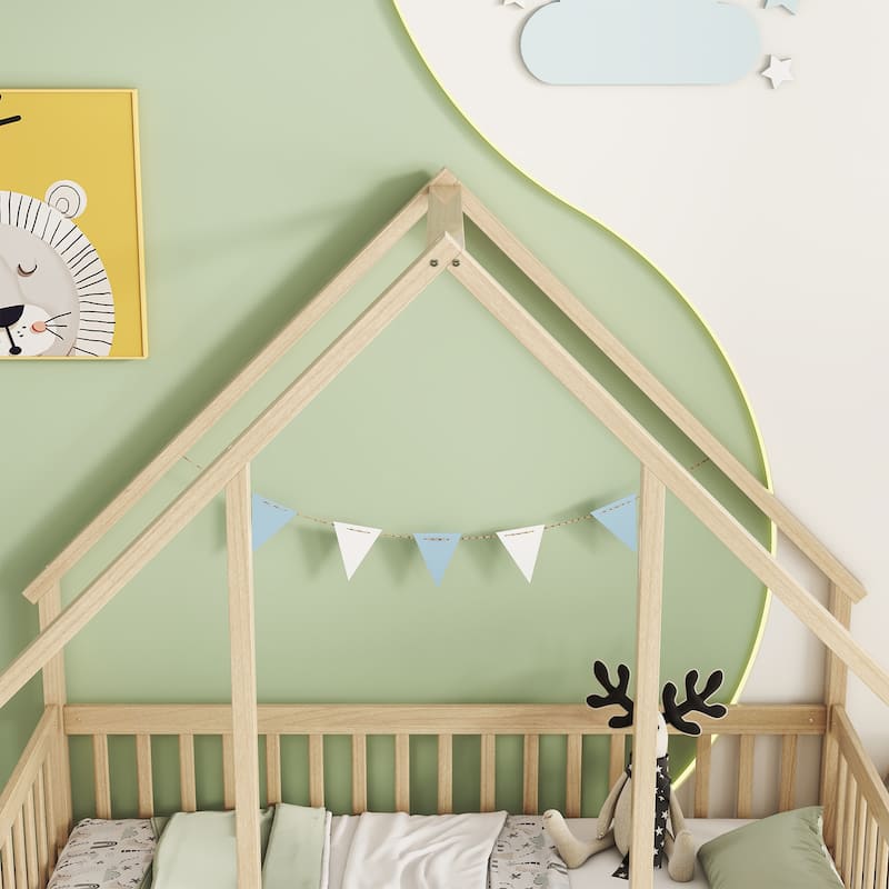 Twin Wood House-Shaped Floor Bed with Fence, Guardrails, White