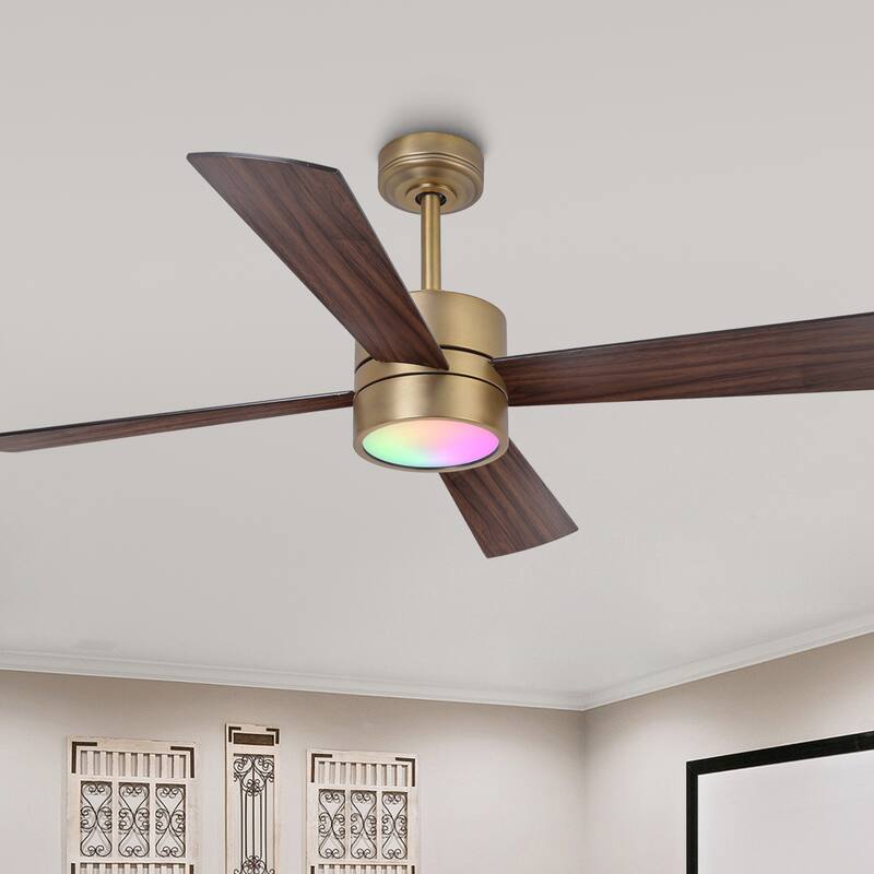 52" Black/ Distressed Brass Smart Dimmable RGB Ceiling Fan with Remote and App Control - Distressed Brass