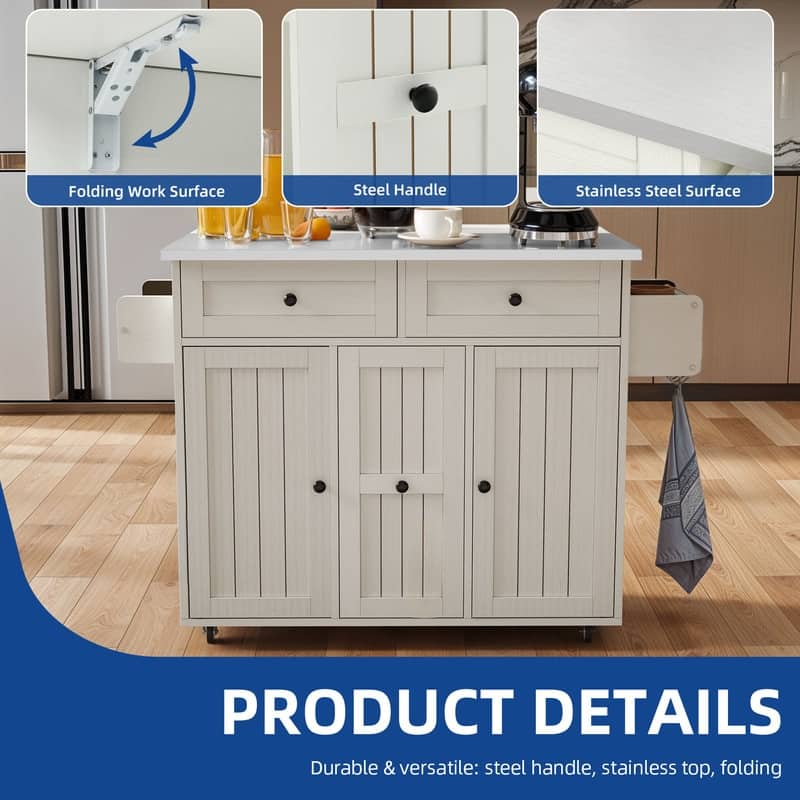 Moasis Mobile Kitchen Island Cart with Stainless Steel Ffolding Tabletop and Storage
