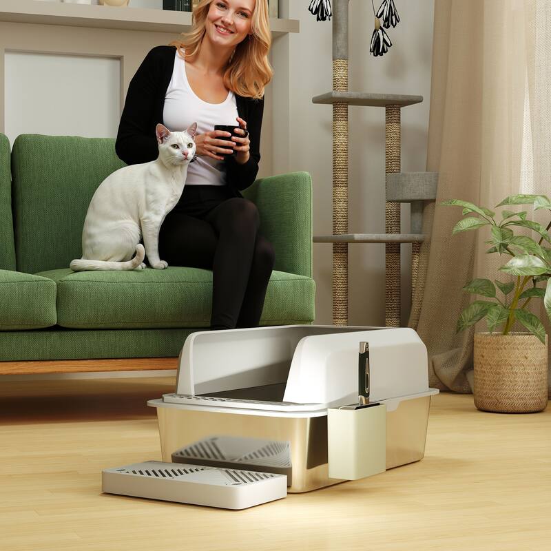PawHut XL Stainless Steel Litter Box, Metal Litter Box High Sided, Anti-Urine Leakage, Non-Sticky, Light Gray