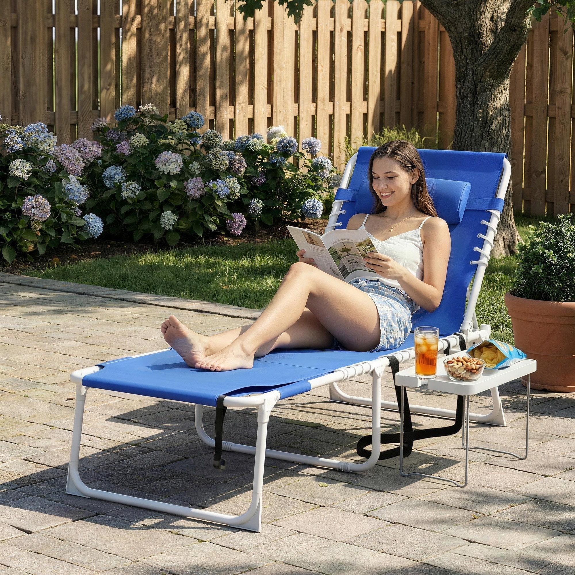 Outsunny Tanning Chair with Face Hole, Side Table, 5-Position Reclining Folding Chaise Lounge Chair