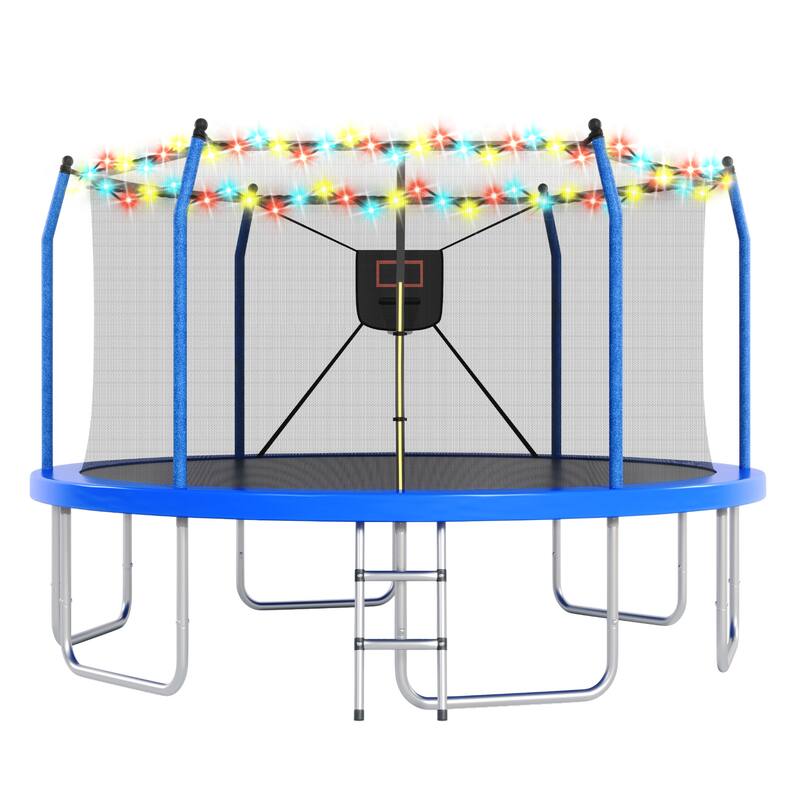 14FT Trampoline with Lights and Basketball Hoop, Outdoor Recreational 16" Trampoine for Kids and Adults