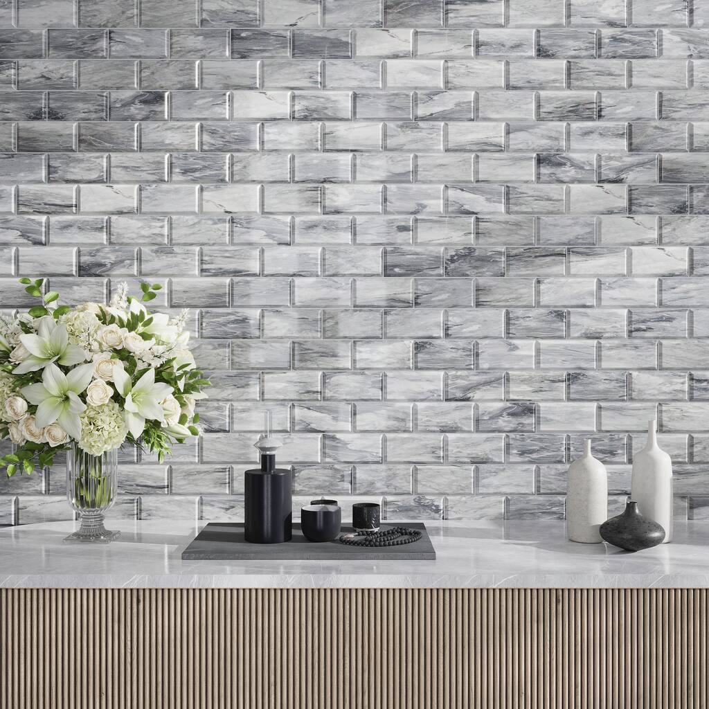 Apollo tile 3 x 6 Grandis Polished Beveled Gray Bardiglio Nuvolato Marble Tile (5 sq ft/case) - 40 Pack