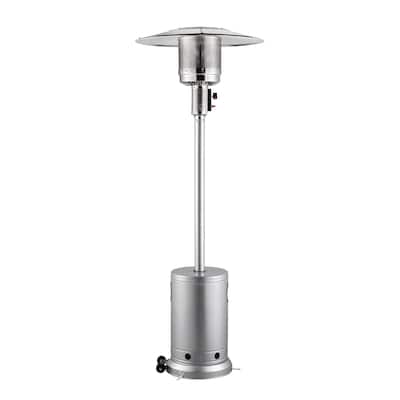 Silver Stainless Steel Propane Patio Heater with Wheels and Glass Flame Perfect for Gatherings of 6-8 People - 32.01x32.01x87.40