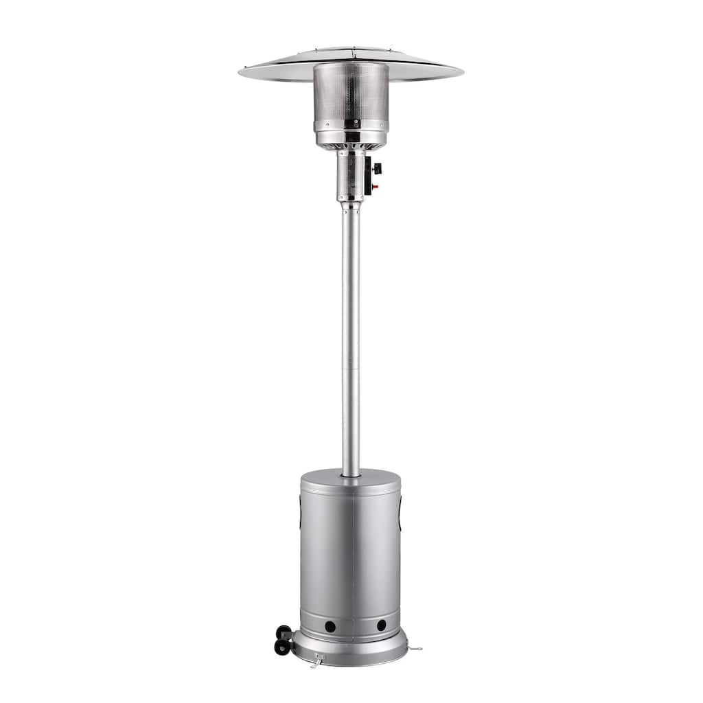 Silver Stainless Steel Propane Patio Heater with Wheels and Glass Flame Perfect for Gatherings of 6-8 People - 32.01x32.01x87.40