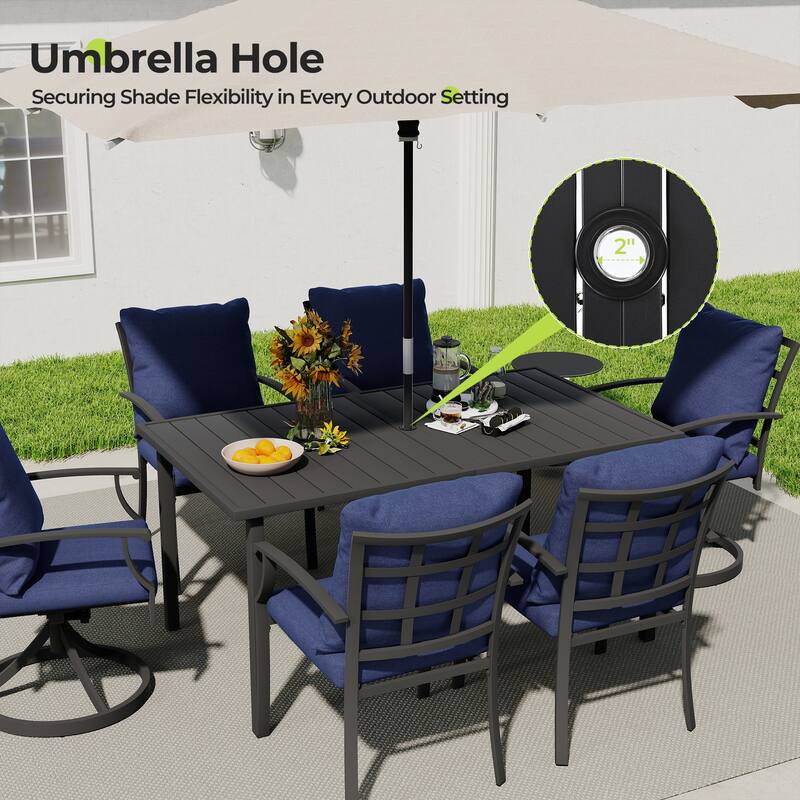 IvyGlow 7-Piece Black Metal Patio Dining Set with Rectangular Table and Gray Cushions