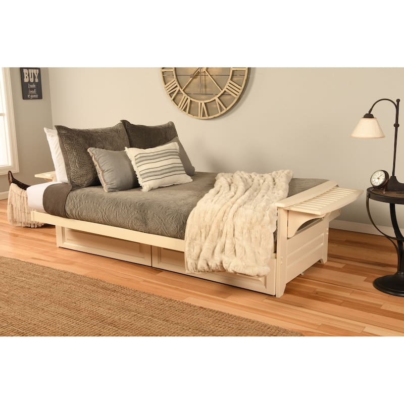 Somette Phoenix Futon Set in Antique White Wood with Innerspring Mattress and Storage Drawers