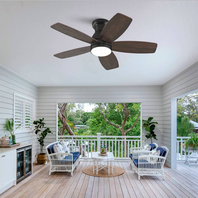 32-inch Low-Profile Ceiling Fan with Light and Remote Control, Dimmable Quiet DC Motor - Black + Dark Walnut