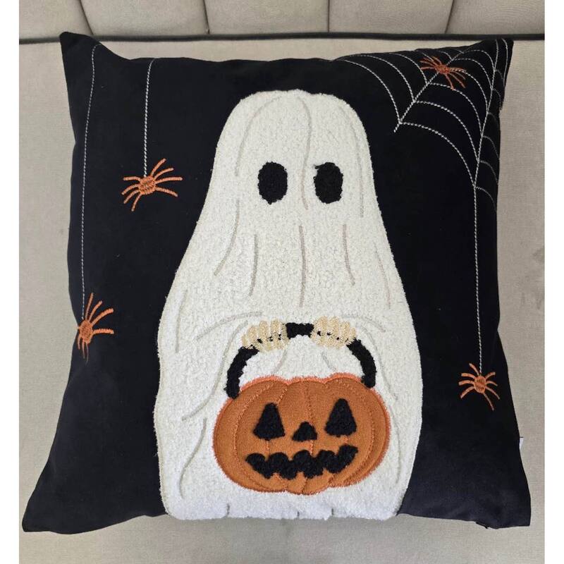 Halloween Ghost with Pumpkin Bucket Throw Pillow