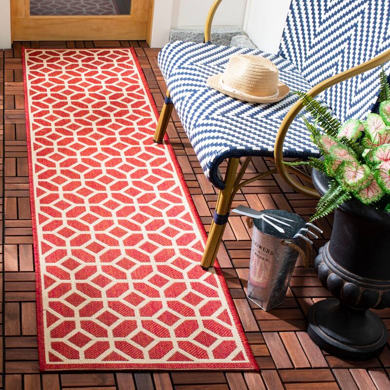 SAFAVIEH Beach House Annemari Indoor/ Outdoor Waterproof Patio Backyard Rug - 2'2" x 8' Runner - Red/Creme