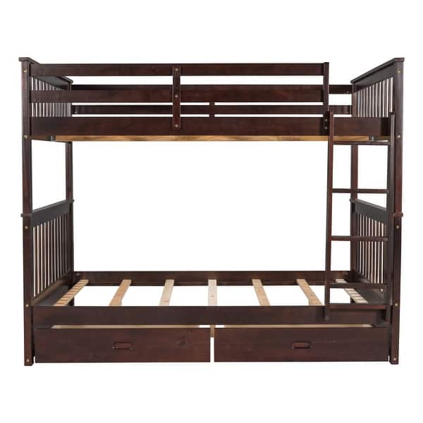slide 2 of 14, Full Over Full Wood Bunk Bed with Build-In Ladder,Storage Drawers Under-Bed Espresso