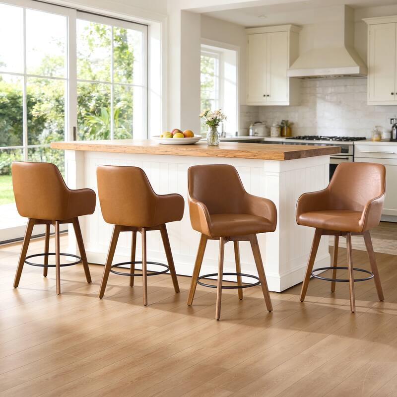 25 Inch Upholstered Swivel Counter Height Bar Stool with Armrests, Solid Wood Legs - 23.6"W x 22.4"D x 40.2"H