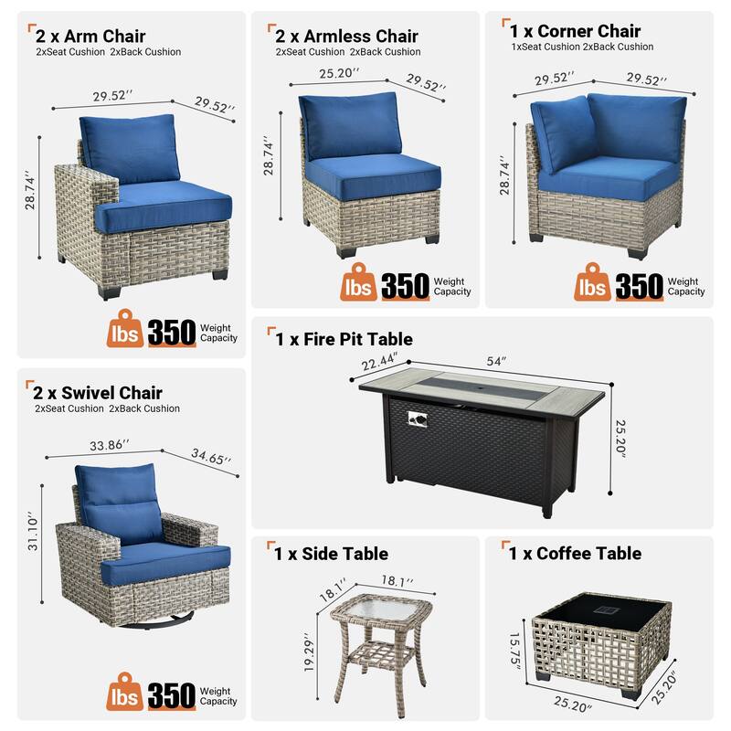 OVIOS 10 Pieces T shaped Seat Wide Armrest Swivel Chair Set With Solar-Powered Table&Fire Pit