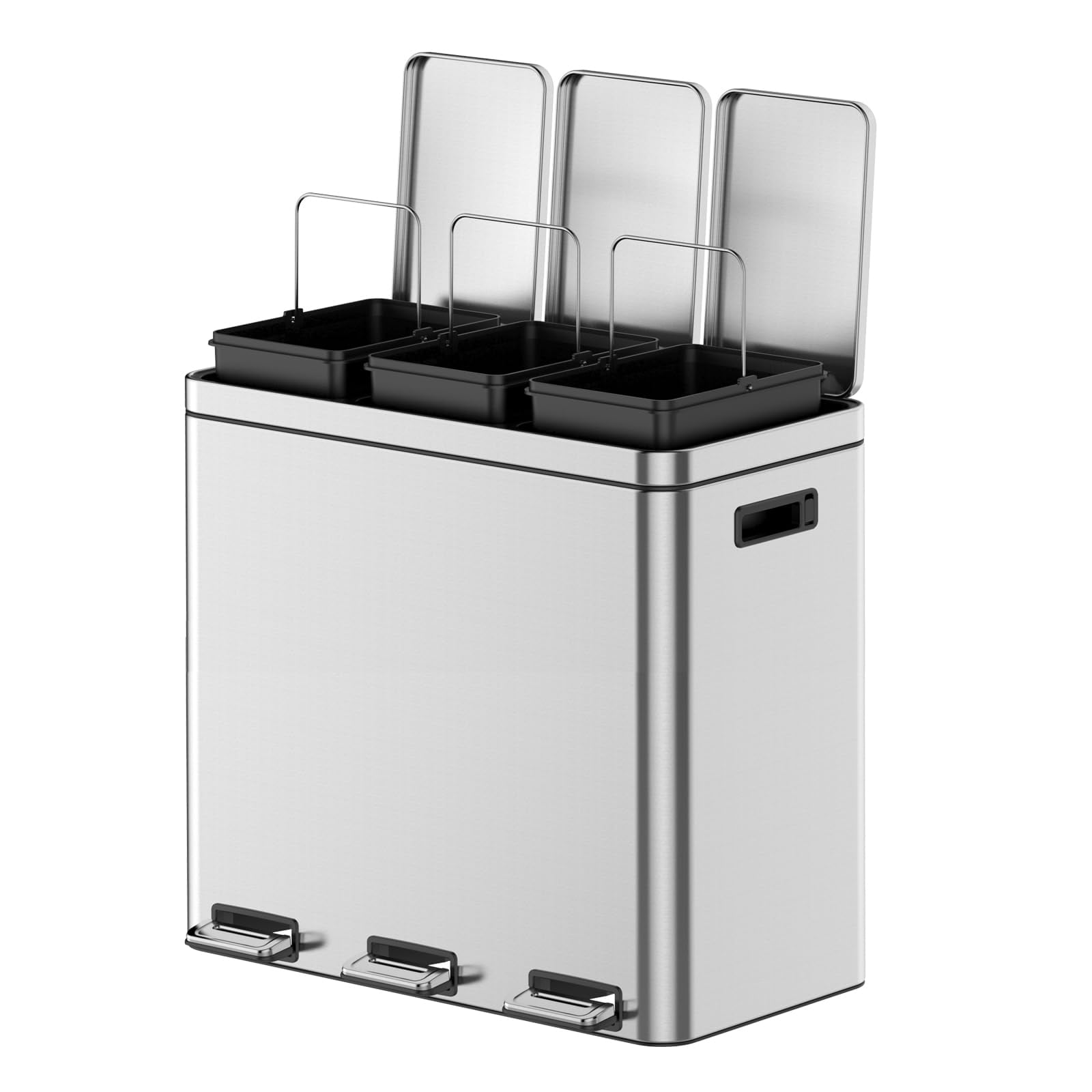 Stainless Steel Double Compartment Trash Can, Foot Pedal, Soft Close Lid, Removable Buckets, Fingerprint Resistant