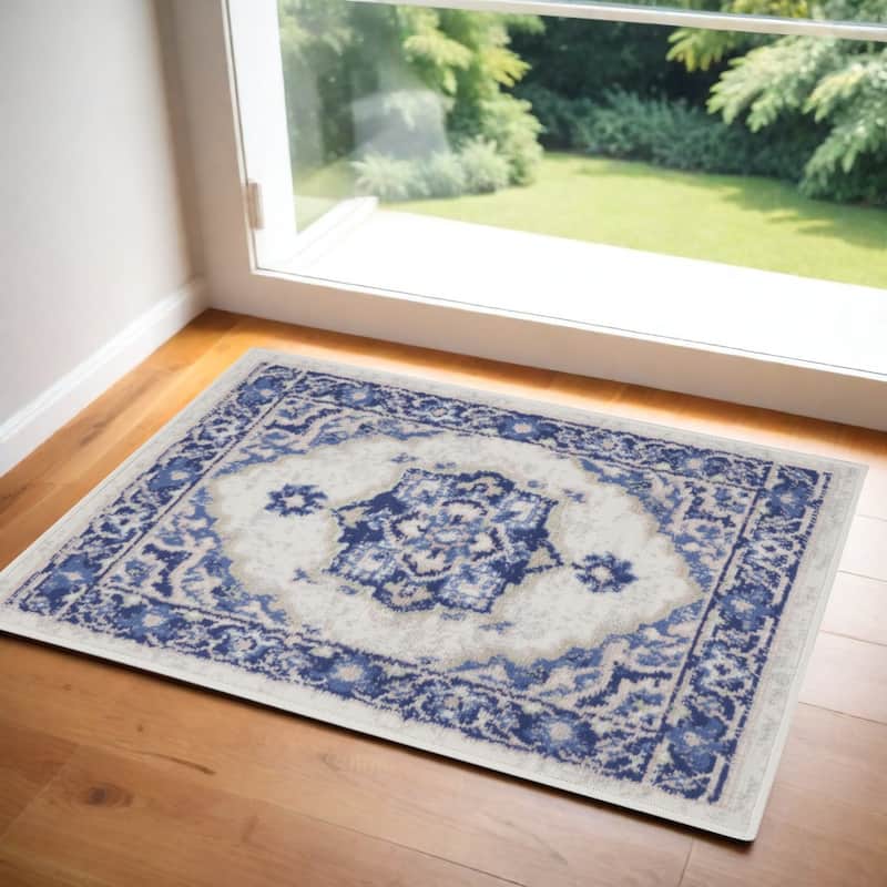 Buzof Power Loomed Floral Stain Resistant Area Rug By HomeRoots - 36' X '24' X '0.39 - 36' X '24' X '0.39 - Oxford Blue - Rectangle