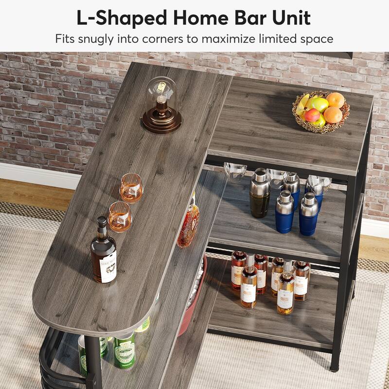 L-Shaped Home Bar Unit, 3 Tier Liquor Bar Table with Wine Glasses Holder, Corner Wine Bar Cabinet for Home Kitchen Pub