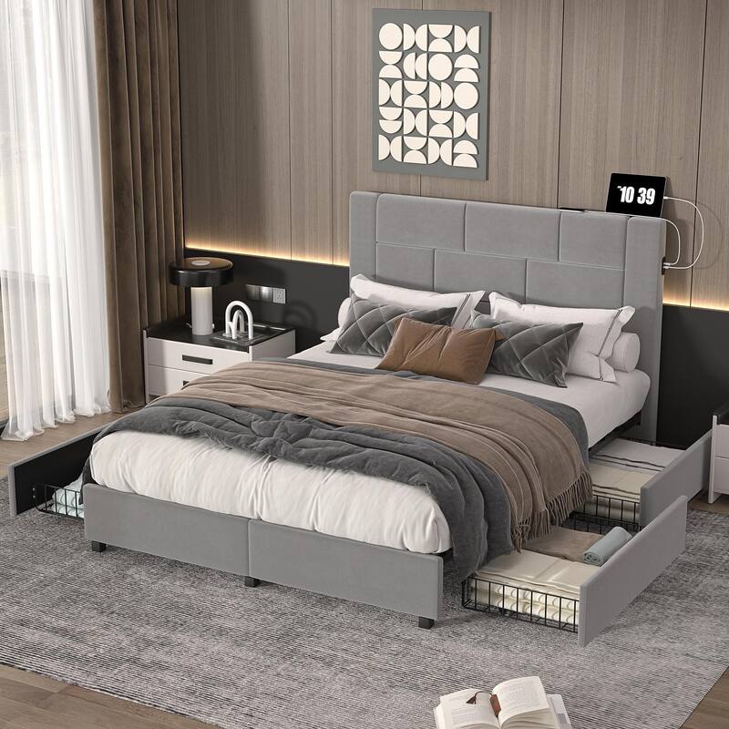 VECELO Upholstered Storage Bed Frame with 2 Side USB Ports and 4 Big Space Drawers, Velvet Headboard and Charging Station-Ports