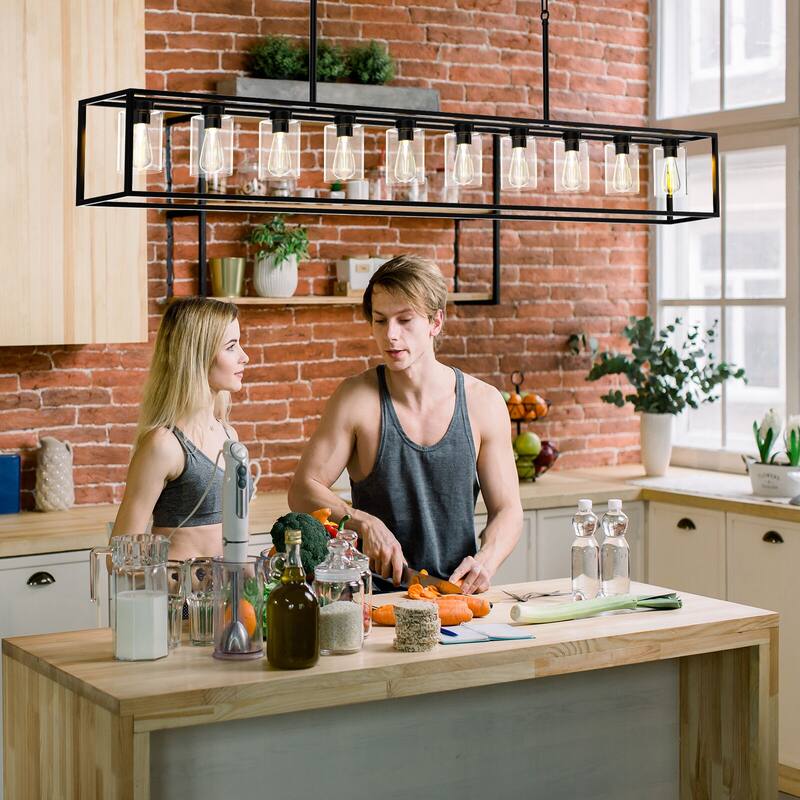 10-Light Rectangular Kitchen Island Black Chandelier Adjustable Farmhouse Pendant Light with Clear Glass Shades - 78.74