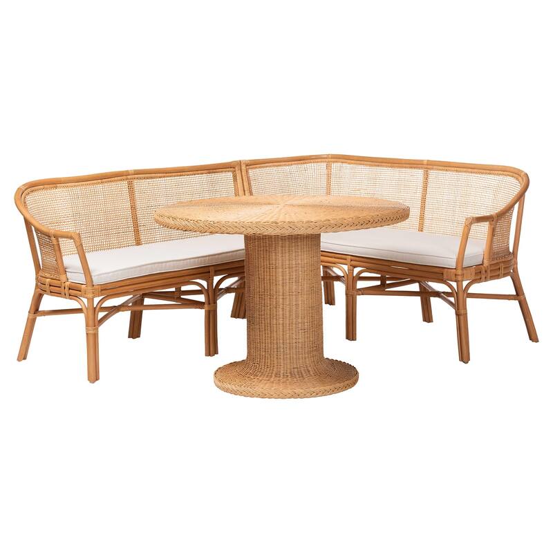 Aara 3-Piece Natural Rattan Dining Nook Set - L-Shaped Corner Bench with Pedestal Table, Handwoven Boho Coastal Banquette - Light Honey