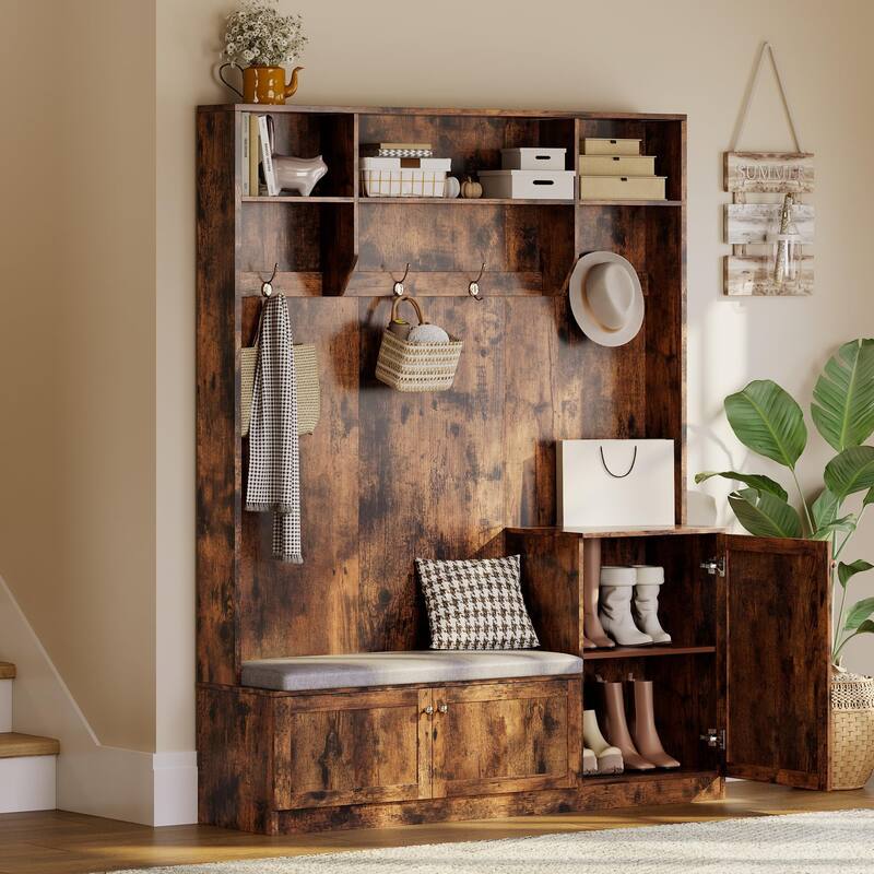 78.7 Inch Tall Hall Tree with Bench and Shoe Storage,Modern Entryway Bench with Coat Rack,4 Hanging Hooks
