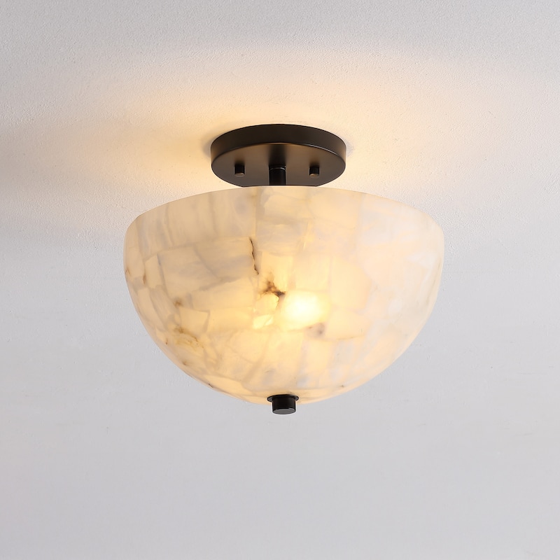 Jules 11.88" 2-Light Modern Alabaster/Iron Inverted Dome LED Semi Flush Mount, White Marbling/Brass Gold by JONATHAN Y