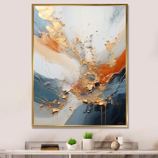 Designart "Golden Sunrisre Abstract Gold And Nova Blue I" Abstract Painting Framed Canvas Wall Art