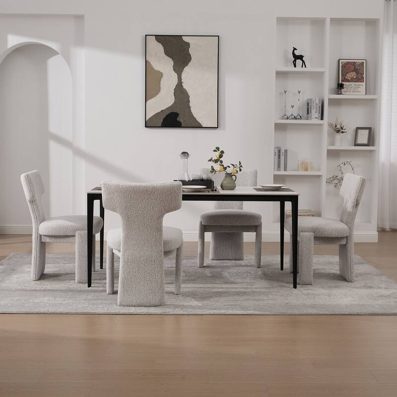Modern Upholstered Chenille Dining Chair Set, Armless Kitchen Side Chairs Curved Back Accent Chairs w/ Wood Legs for Living Room