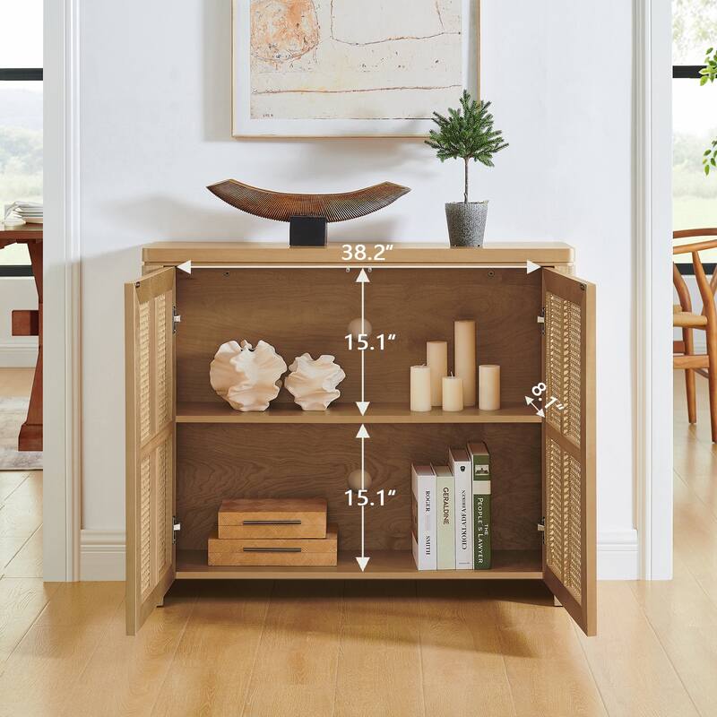 Mid Century Modern Rattan Sideboard Buffet Cabinet with 2 Outlet Holes