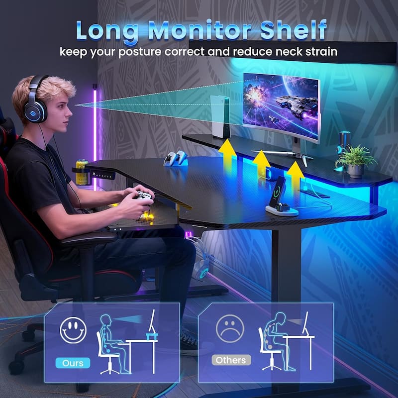 55" Standing Gaming Desk Long Computer Desk Power Strip Keyboard Tray