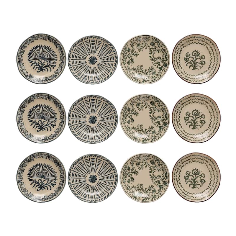 Stoneware Plates Dinnerware Set with 4 Pattern Prints - 6.0"L x 6.0"W x 1.0"H - 12 Piece - Cream - 6.0"L x 6.0"W x 1.0"H