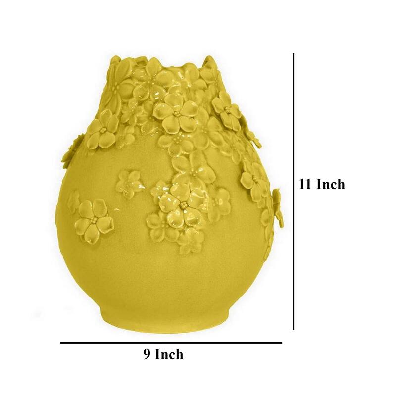 Rossetta Graceful Ceramic Free-Flow Neck Design Decorative Vase with Delicate Small Floral Motifs, 11 Inch