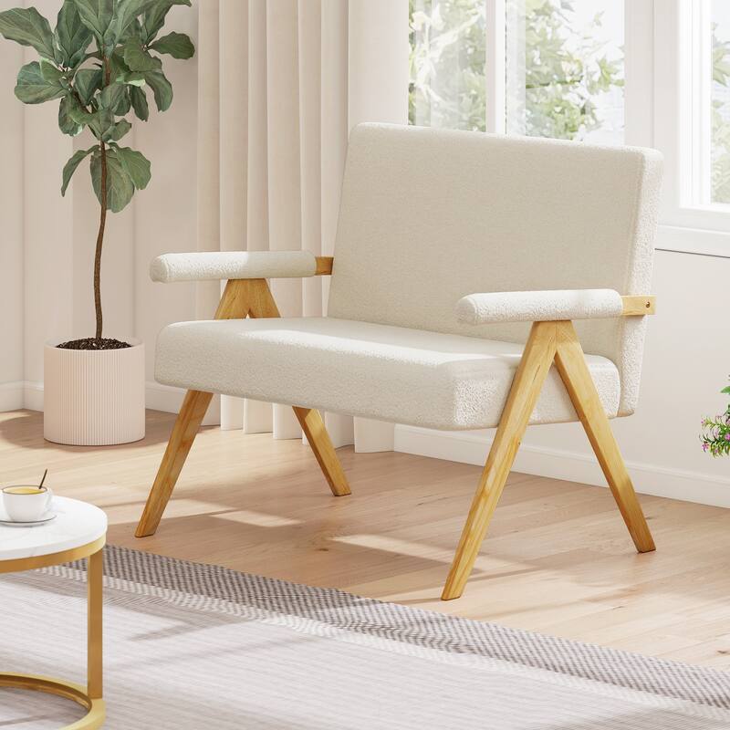 Sherpa Fabric Rubber Wood Loveseat Sofa with Cushions and Ergonomic Design - 47" x 29" x 36"