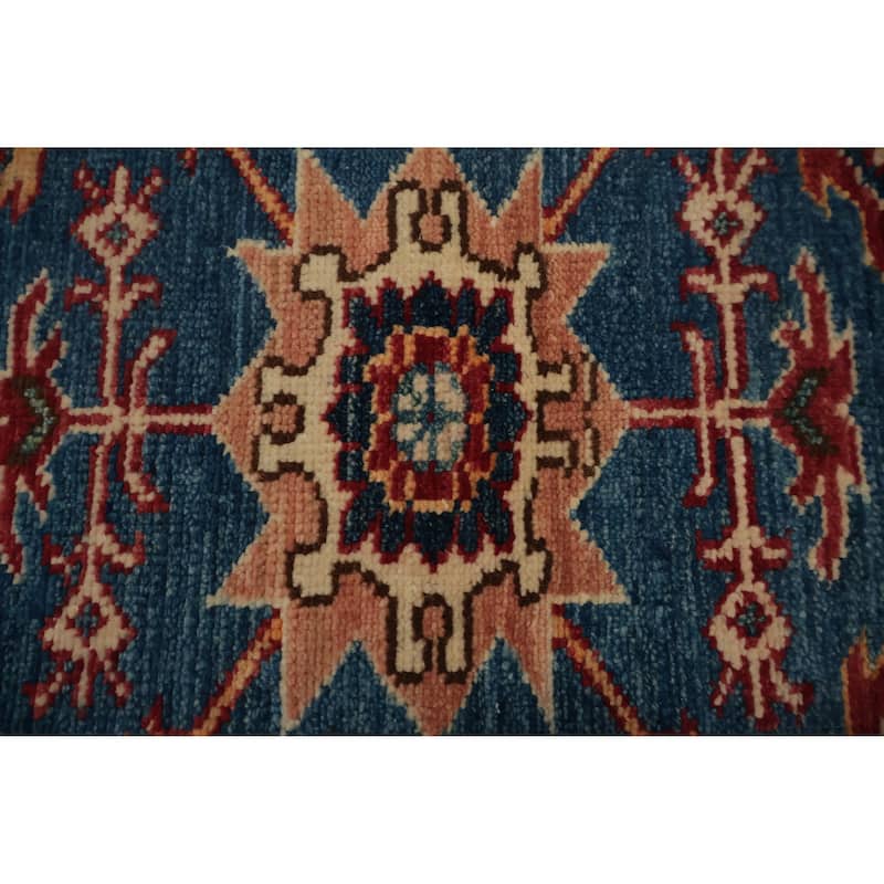 Hand Knotted Oriental 100% Wool Carpet Traditional Geometric Navy Blue & Blues Kazak Runner Rug - 9' 11'' X 2' 7''