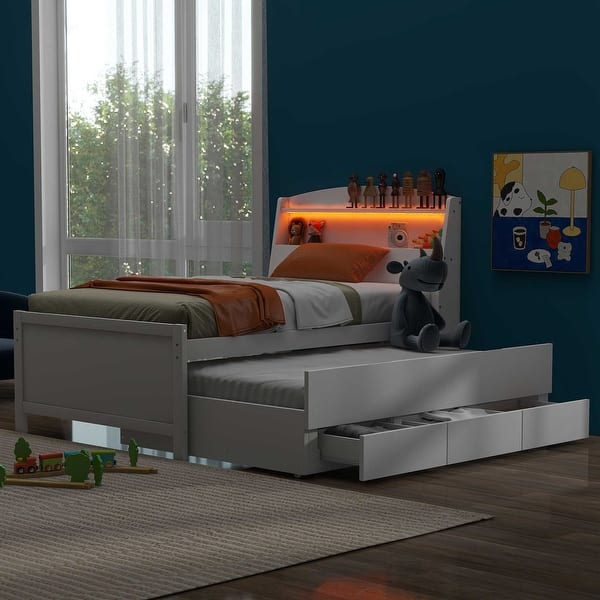 slide 2 of 14, Twin Size Solid Pine Wood Platform Kids Bed Frame with LED Storage Headboard, Twin Size Trundle, 3-Drawers and Shelves, White White