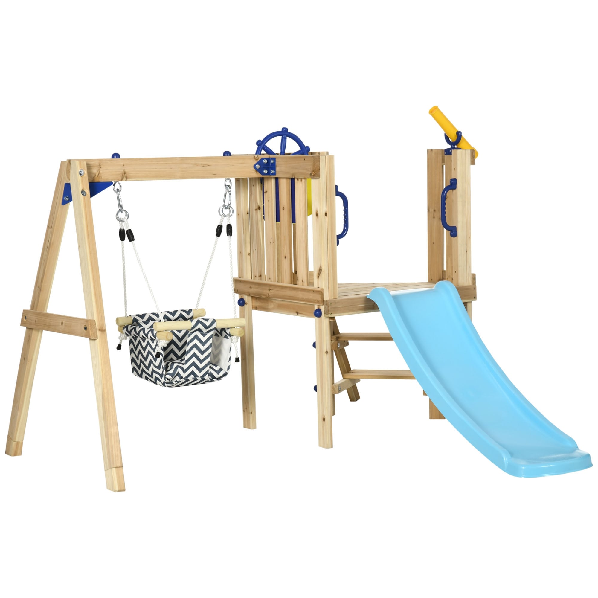 3 in 1 Wooden Swing Set Outdoor Playset with Baby Swing Seat,Toddler Slide,Captain's Wheel,Telescope - Natural Wood