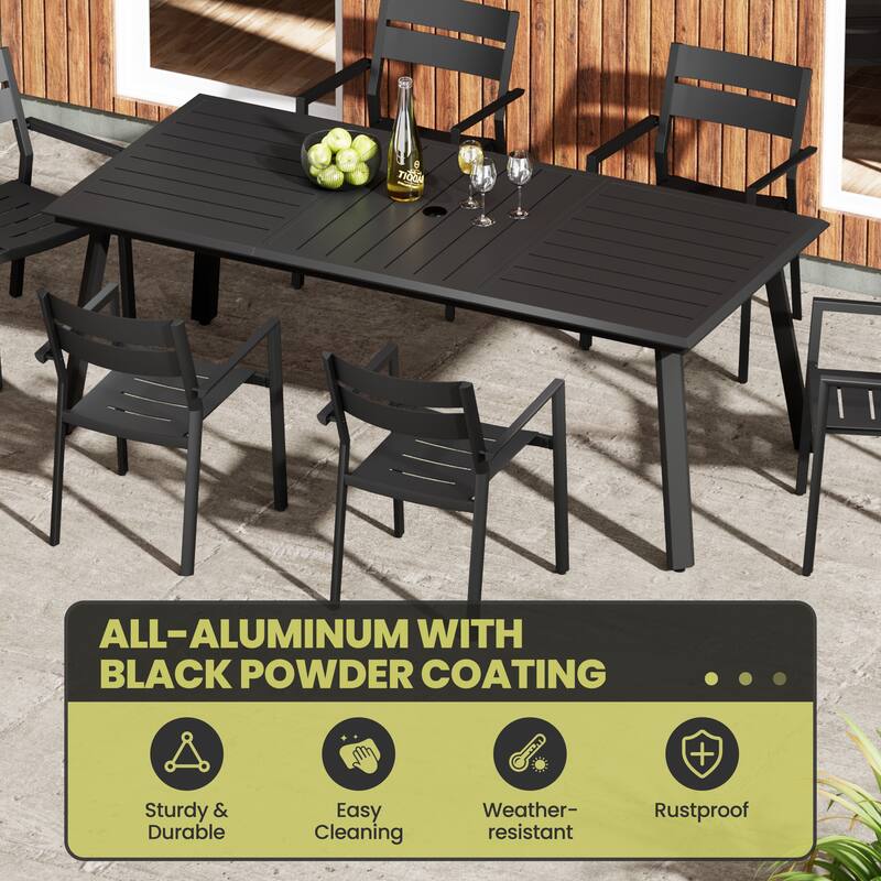 7/9/11 Piece Set Outdoor Aluminum Dining Table with Umbrella Hole for 6-10 Person and Stackable Dining Chairs